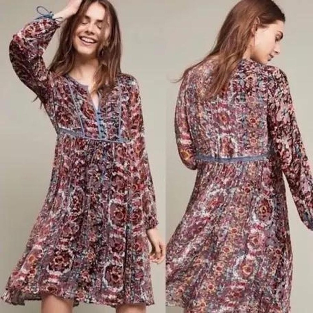 Floreat Abia Floral Burnout Velvet Dress Anthropologie Small‎ boho peasant
